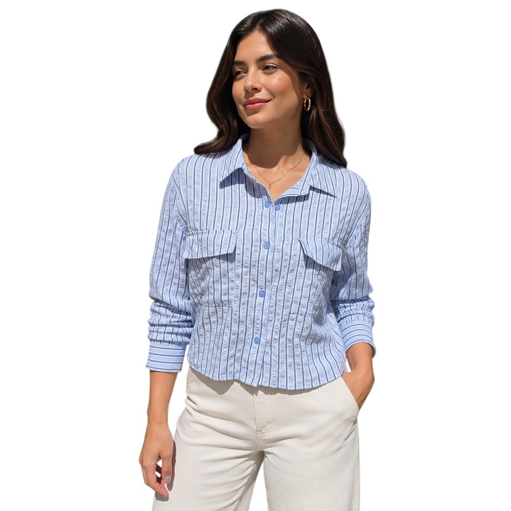 IRIS Women Blue White Striped Seersucker‎ Cropped Button Down Shirt Small